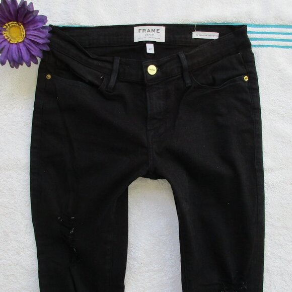 FRAME Denim Black Jeans Size 27 Skinny Distressed - Picture 7 of 13